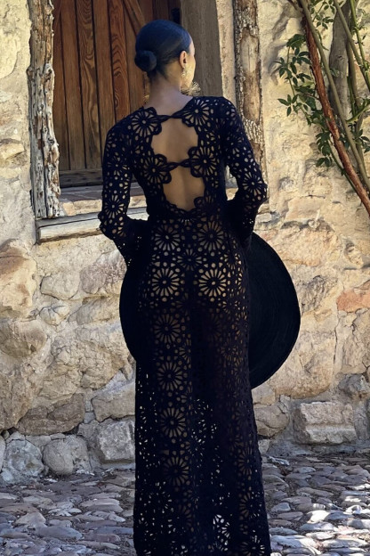 Hollow Out Floral Crochet Long Sleeve Maxi Dresses-Black [Pre Order]