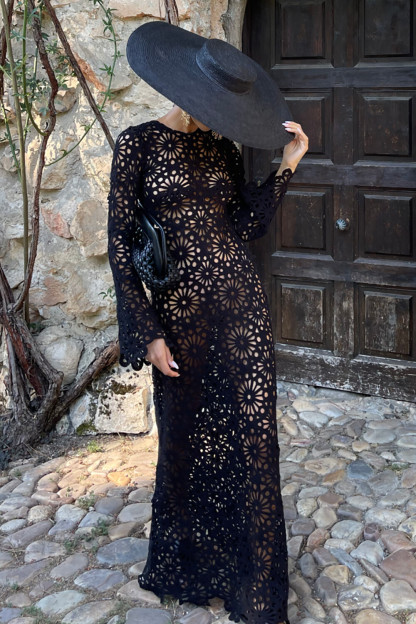 Hollow Out Floral Crochet Long Sleeve Maxi Dresses-Black [Pre Order]