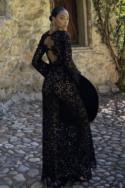 Hollow Out Floral Crochet Long Sleeve Maxi Dresses-Black [Pre Order]