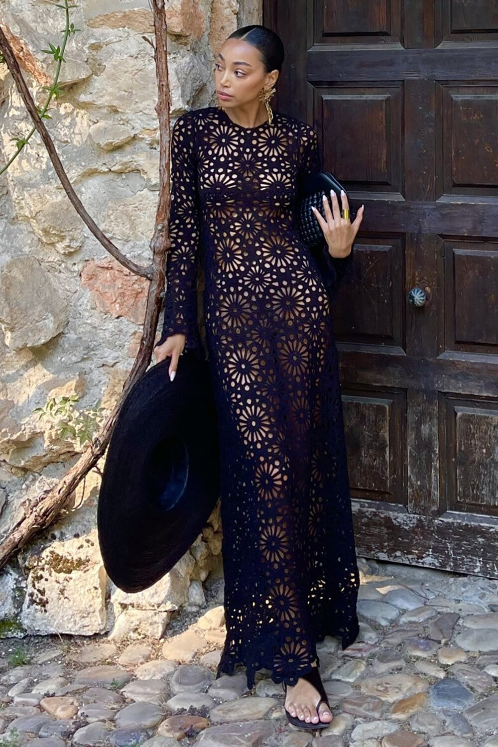 Hollow Out Floral Crochet Long Sleeve Maxi Dresses-Black [Pre Order]