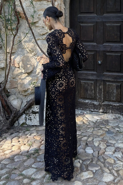 Hollow Out Floral Crochet Long Sleeve Maxi Dresses-Black [Pre Order]