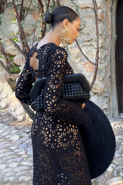 Hollow Out Floral Crochet Long Sleeve Maxi Dresses-Black [Pre Order]