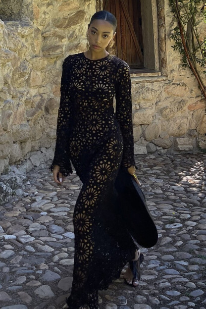 Hollow Out Floral Crochet Long Sleeve Maxi Dresses-Black [Pre Order]