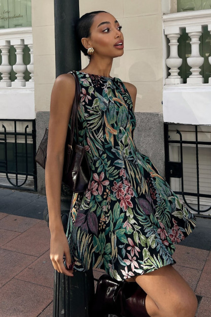 Floral Print A-Line Mini Tank Dresses-Green [Pre Order]
