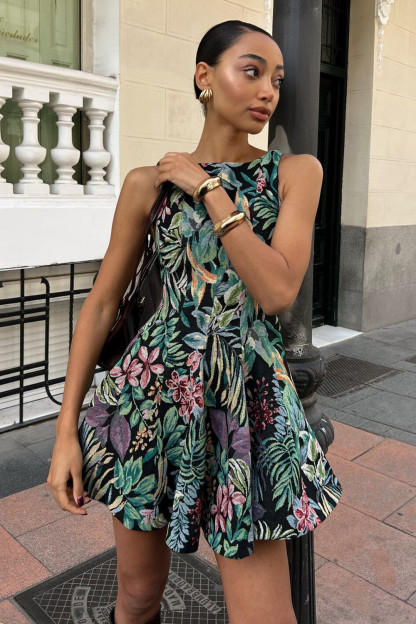 Floral Print A-Line Mini Tank Dresses-Green [Pre Order]