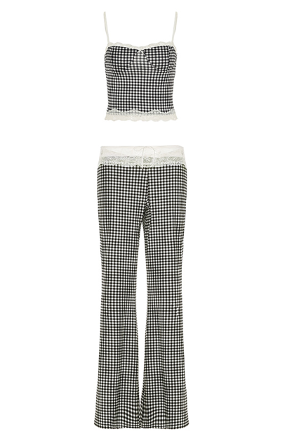 Lace Patchwork Plaid Print Crop Cami Flared Pants Knit 2pcs Set-Black