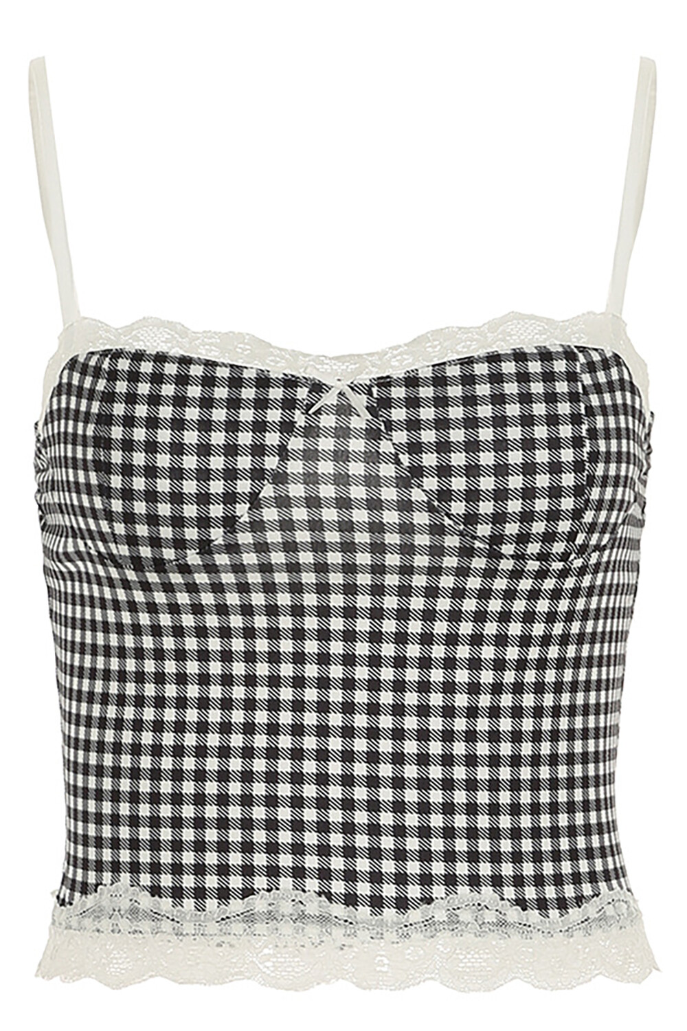 Lace Patchwork Plaid Print Crop Cami Flared Pants Knit 2pcs Set-Black