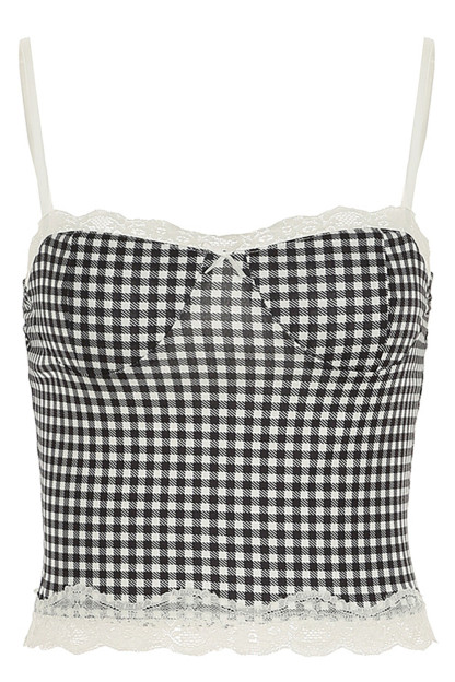 Lace Patchwork Plaid Print Crop Cami Flared Pants Knit 2pcs Set-Black