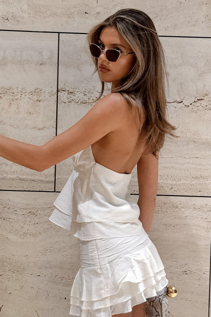 Plunge Neck Halter Sleeveless Top Tiered Mini Skirt Matching Set-White