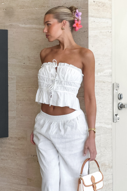 Tie Up Strapless Crop Top Wide Leg Pants Casual 2pcs Set-White