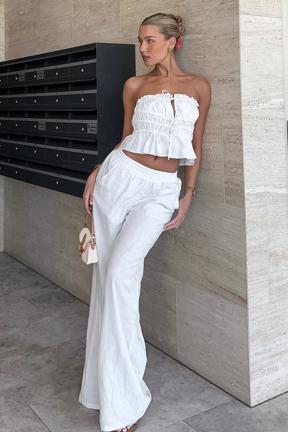 Tie Up Strapless Crop Top Wide Leg Pants Casual 2pcs Set-White