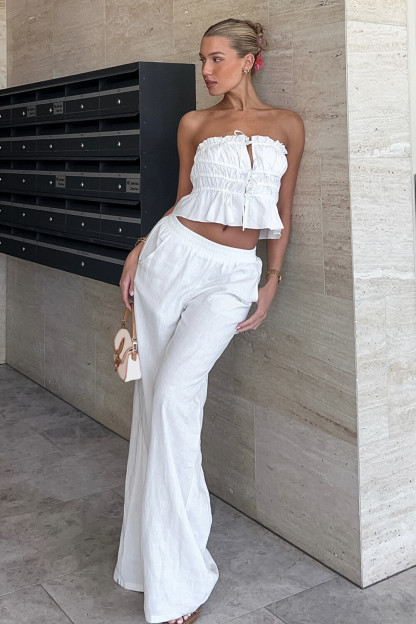 Tie Up Strapless Crop Top Wide Leg Pants Casual 2pcs Set-White