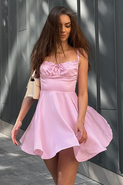 Front Tie Up Cinch Waist Satin Solid Color Slip Mini Dresses-Pink