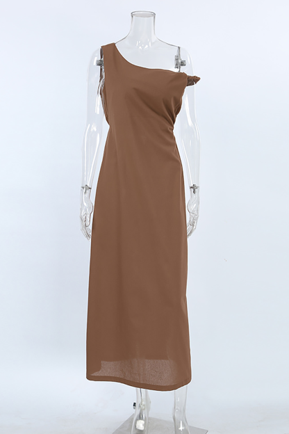 Off Shoulder Skew Neck Sleeveless Solid Color Maxi Dresses-Brown