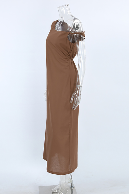 Off Shoulder Skew Neck Sleeveless Solid Color Maxi Dresses-Brown