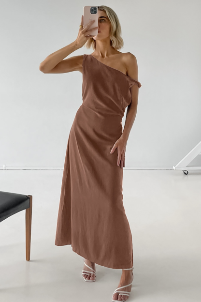Off Shoulder Skew Neck Sleeveless Solid Color Maxi Dresses-Brown