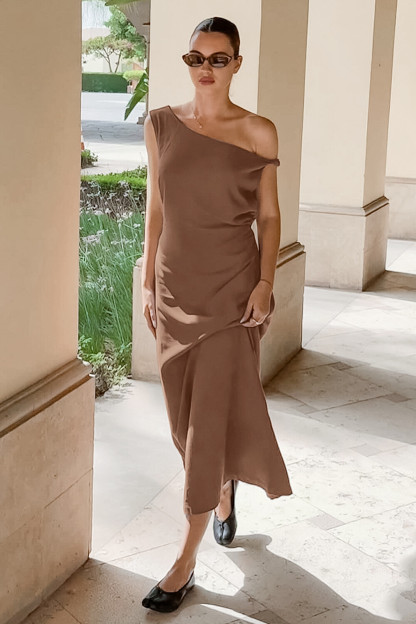 Off Shoulder Skew Neck Sleeveless Solid Color Maxi Dresses-Brown
