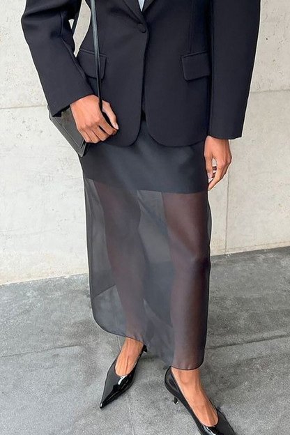 Tiered Design See Through Hem Maxi Skirt-Black