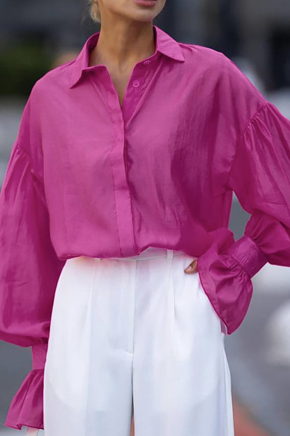 Turndown Collar Flared Cuff Lantern Sleeve Solid Color Blouse-Fuchsia