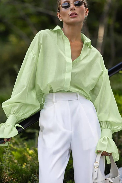 Turndown Collar Flared Cuff Lantern Sleeve Solid Color Blouse-Fuchsia