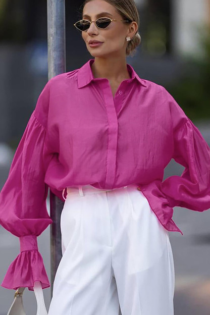 Turndown Collar Flared Cuff Lantern Sleeve Solid Color Blouse-Fuchsia