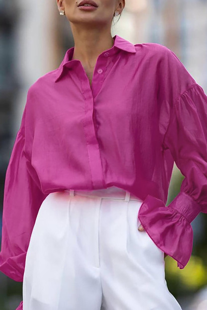Turndown Collar Flared Cuff Lantern Sleeve Solid Color Blouse-Fuchsia