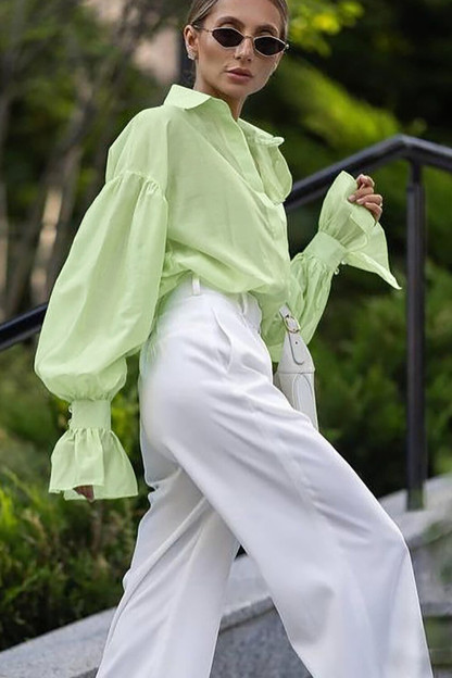 Turndown Collar Flared Cuff Lantern Sleeve Solid Color Blouse-Fuchsia