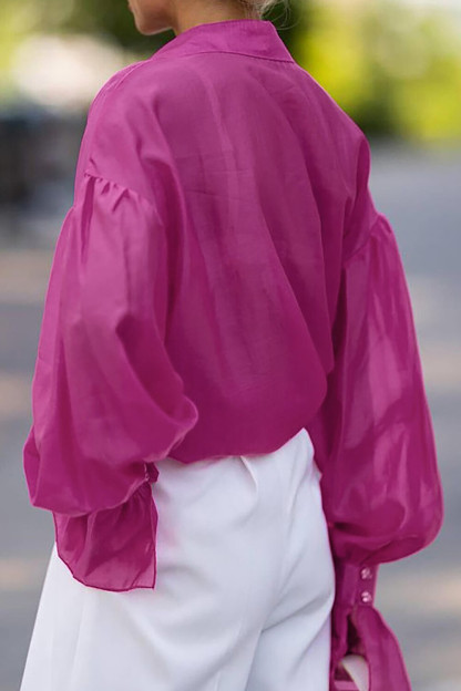 Turndown Collar Flared Cuff Lantern Sleeve Solid Color Blouse-Fuchsia