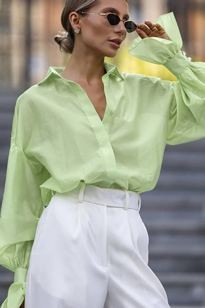 Turndown Collar Flared Cuff Lantern Sleeve Solid Color Blouse-Fuchsia