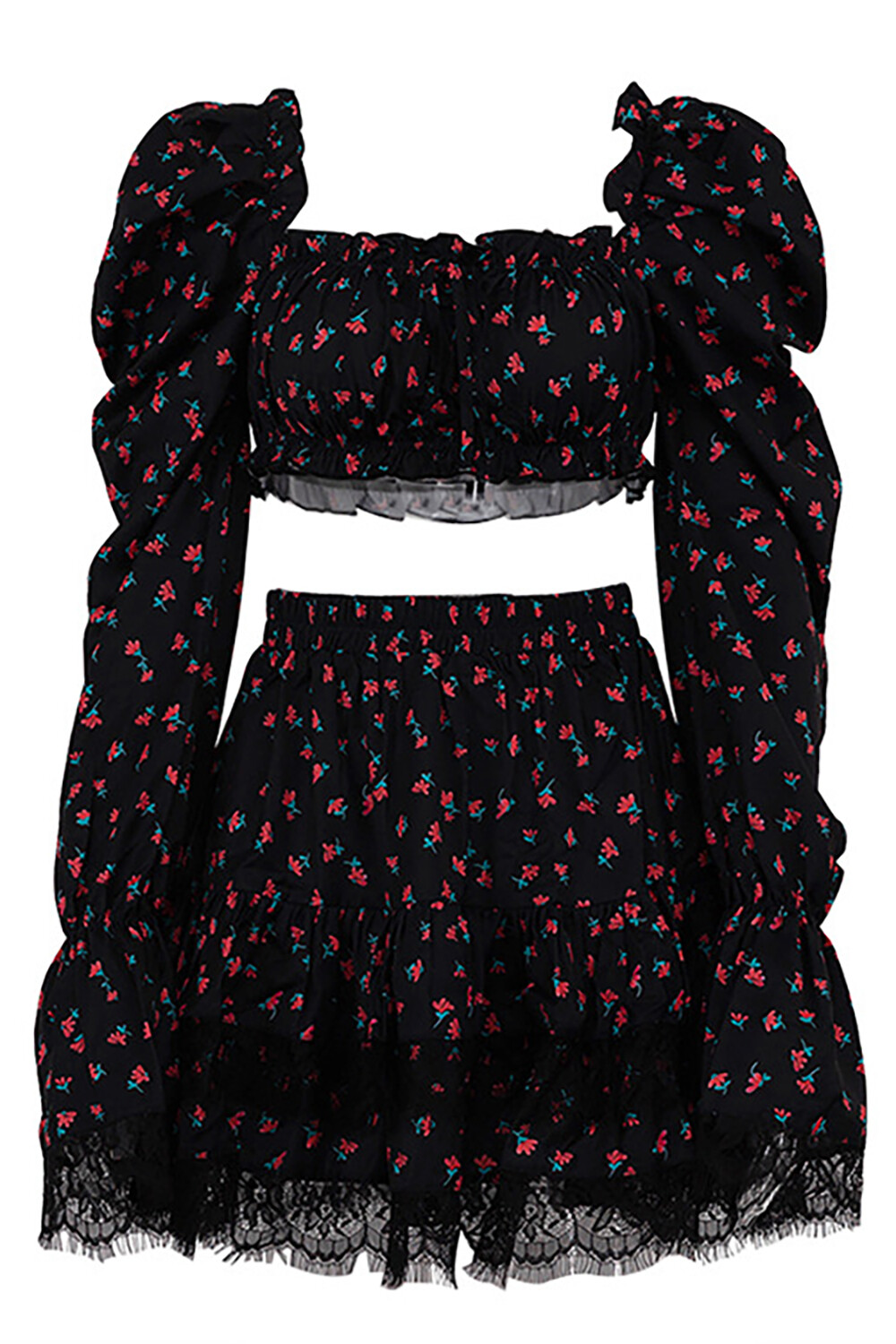 Ditsy Floral Print Flare Sleeve Crop Top Lace Trim Mini Skirt 2pcs Set-Black