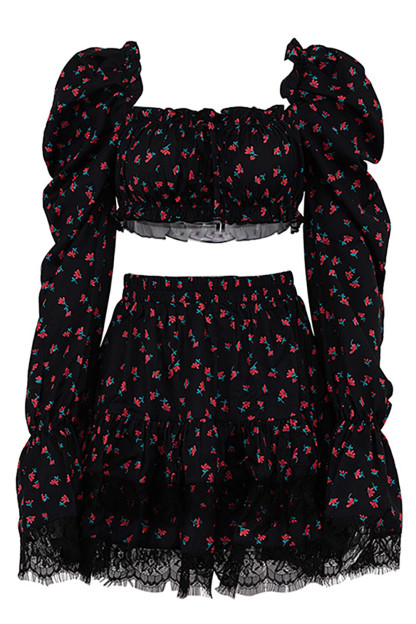 Ditsy Floral Print Flare Sleeve Crop Top Lace Trim Mini Skirt 2pcs Set-Black