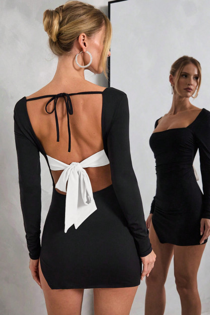 Square Neck Long Sleeve Colorblock Tie Up Backless Slit Mini Dresses-Black