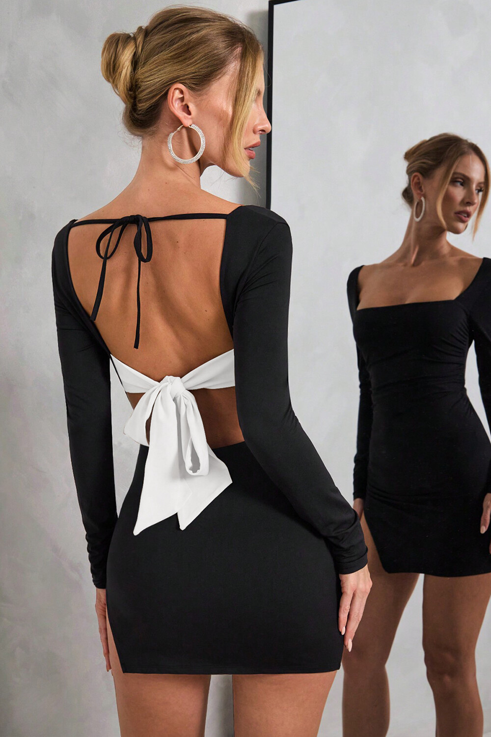 Square Neck Long Sleeve Colorblock Tie Up Backless Slit Mini Dresses-Black