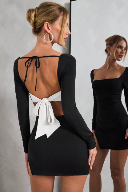 Square Neck Long Sleeve Colorblock Tie Up Backless Slit Mini Dresses-Black
