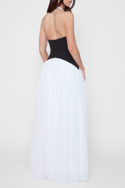 Colorblock Cinch Waist Pleated Hem Halter Maxi Dresses-White [Pre Order]