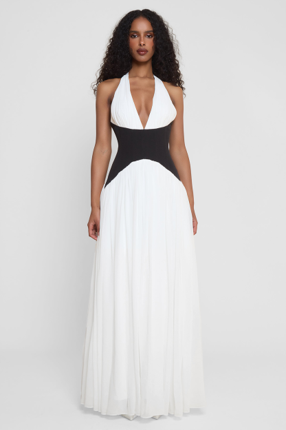 Colorblock Cinch Waist Pleated Hem Halter Maxi Dresses-White [Pre Order]