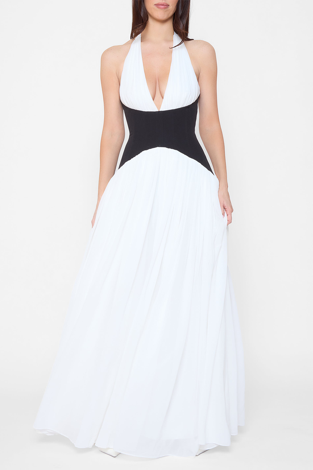 Colorblock Cinch Waist Pleated Hem Halter Maxi Dresses-White [Pre Order]