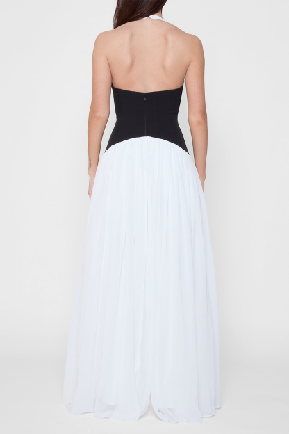 Colorblock Cinch Waist Pleated Hem Halter Maxi Dresses-White [Pre Order]