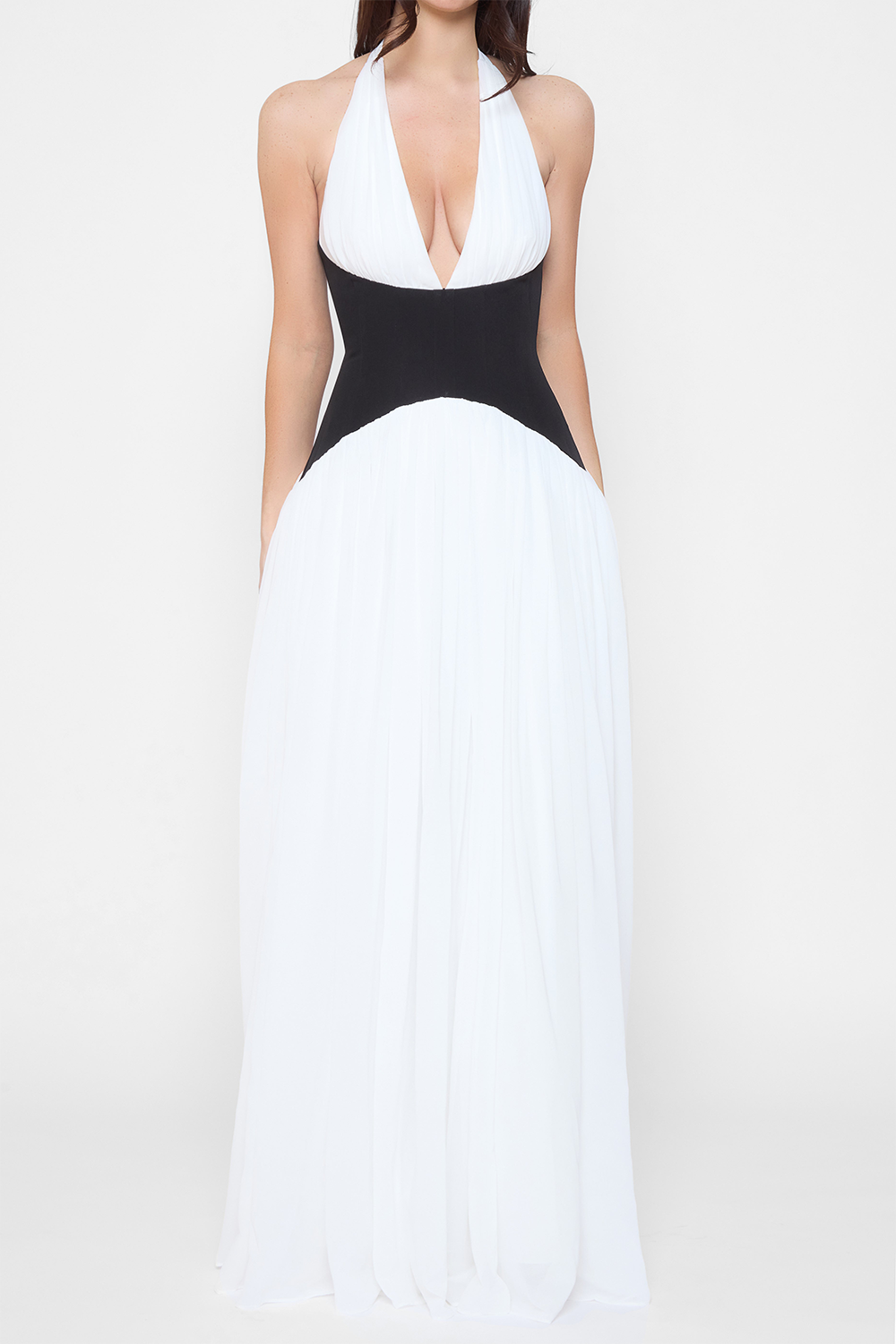 Colorblock Cinch Waist Pleated Hem Halter Maxi Dresses-White [Pre Order]