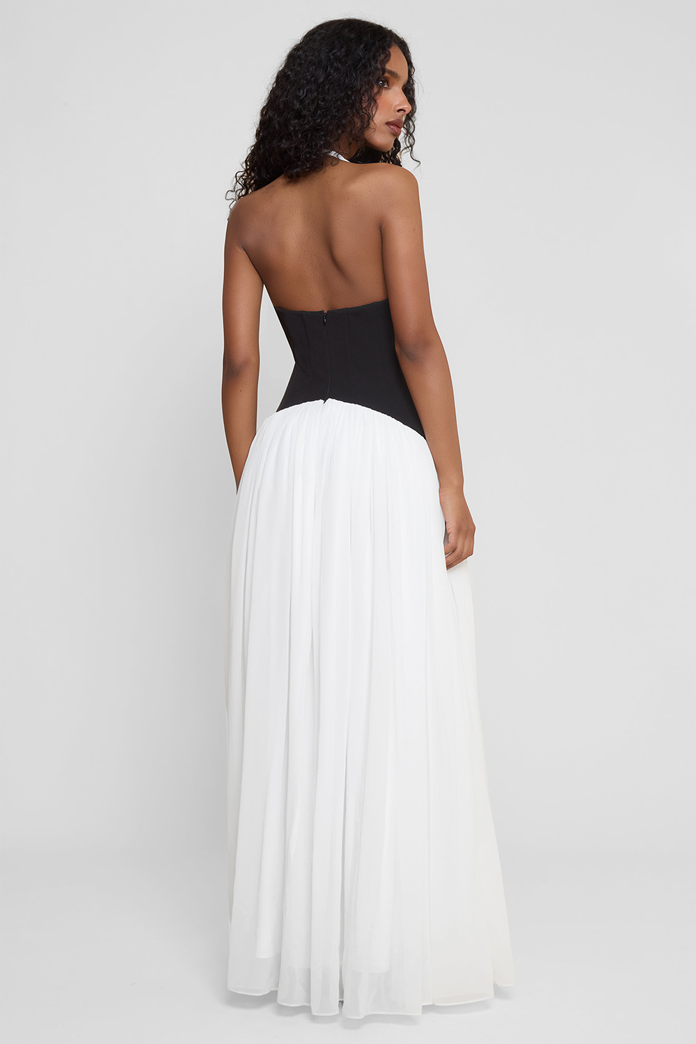 Colorblock Cinch Waist Pleated Hem Halter Maxi Dresses-White [Pre Order]