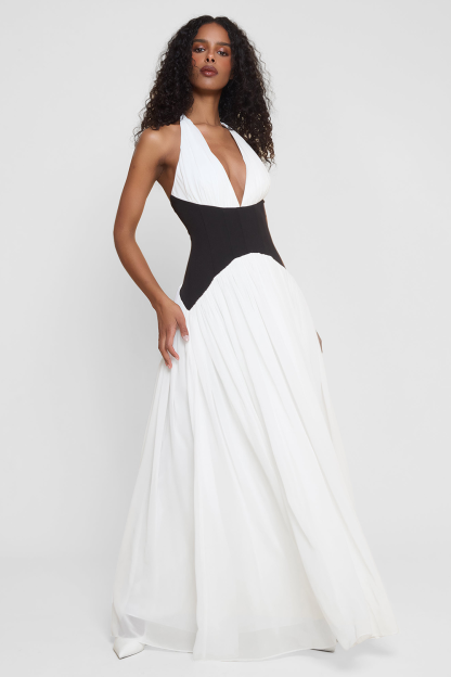 Colorblock Cinch Waist Pleated Hem Halter Maxi Dresses-White [Pre Order]