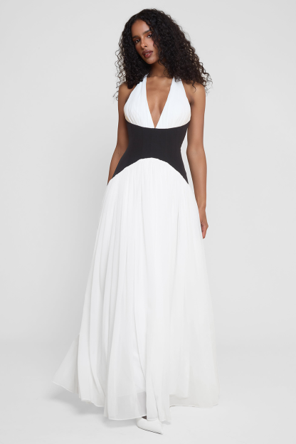 Colorblock Cinch Waist Pleated Hem Halter Maxi Dresses-White [Pre Order]