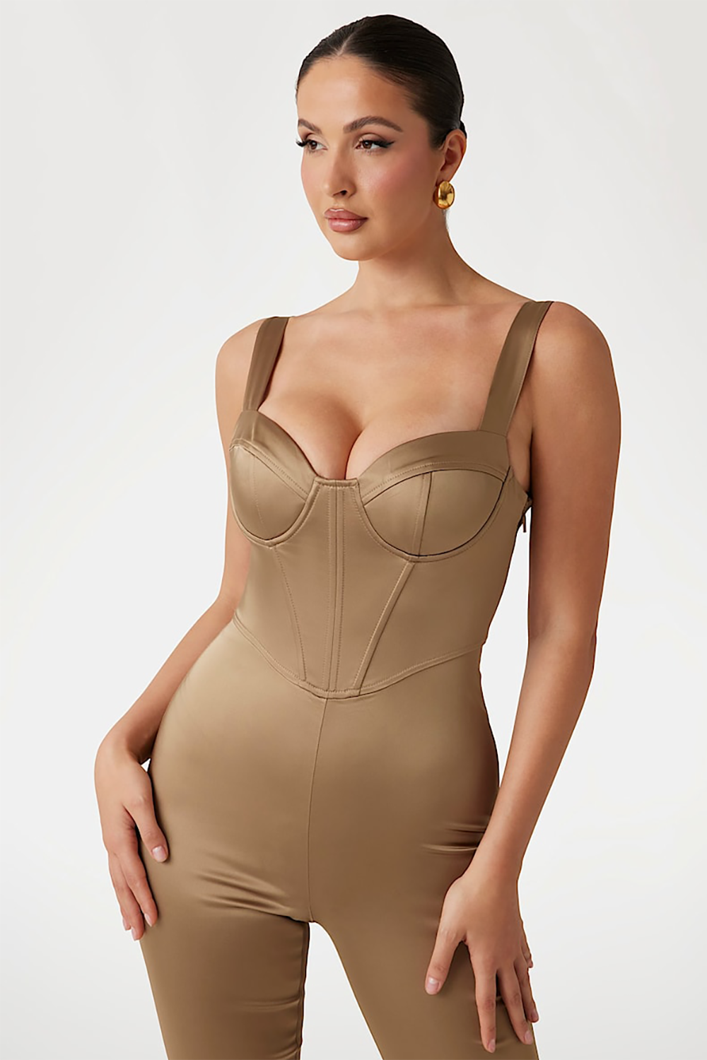 Sweetheart Neckline Corset Micro-Flared Leg Cami Jumpsuit-Khaki [Pre Order]