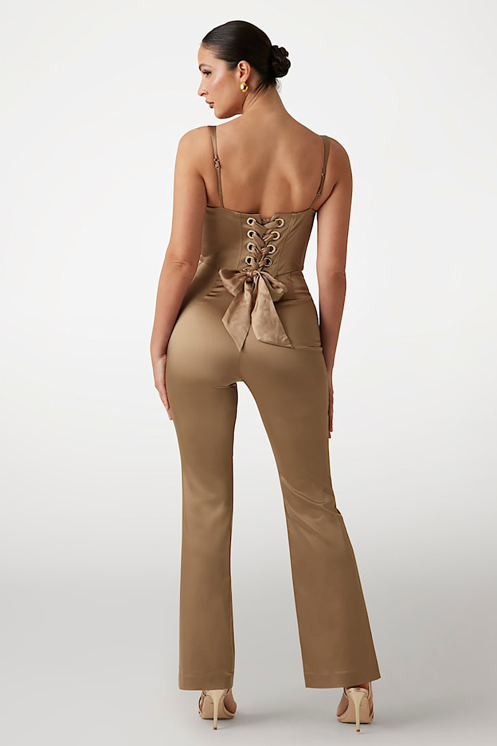 Sweetheart Neckline Corset Micro-Flared Leg Cami Jumpsuit-Khaki [Pre Order]