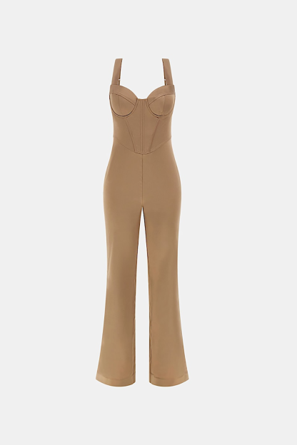 Sweetheart Neckline Corset Micro-Flared Leg Cami Jumpsuit-Khaki [Pre Order]