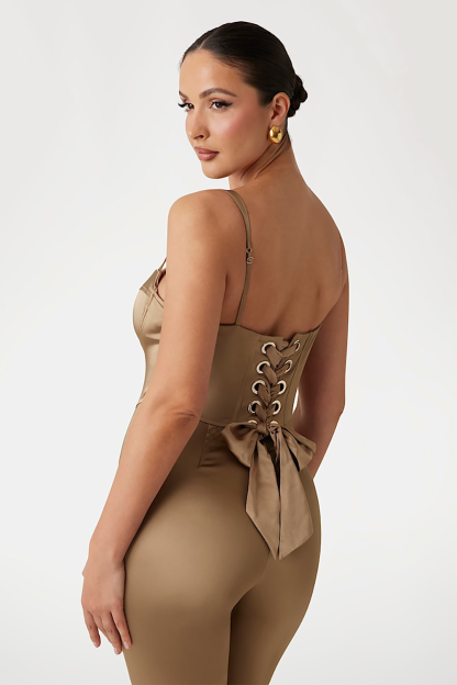 Sweetheart Neckline Corset Micro-Flared Leg Cami Jumpsuit-Khaki [Pre Order]