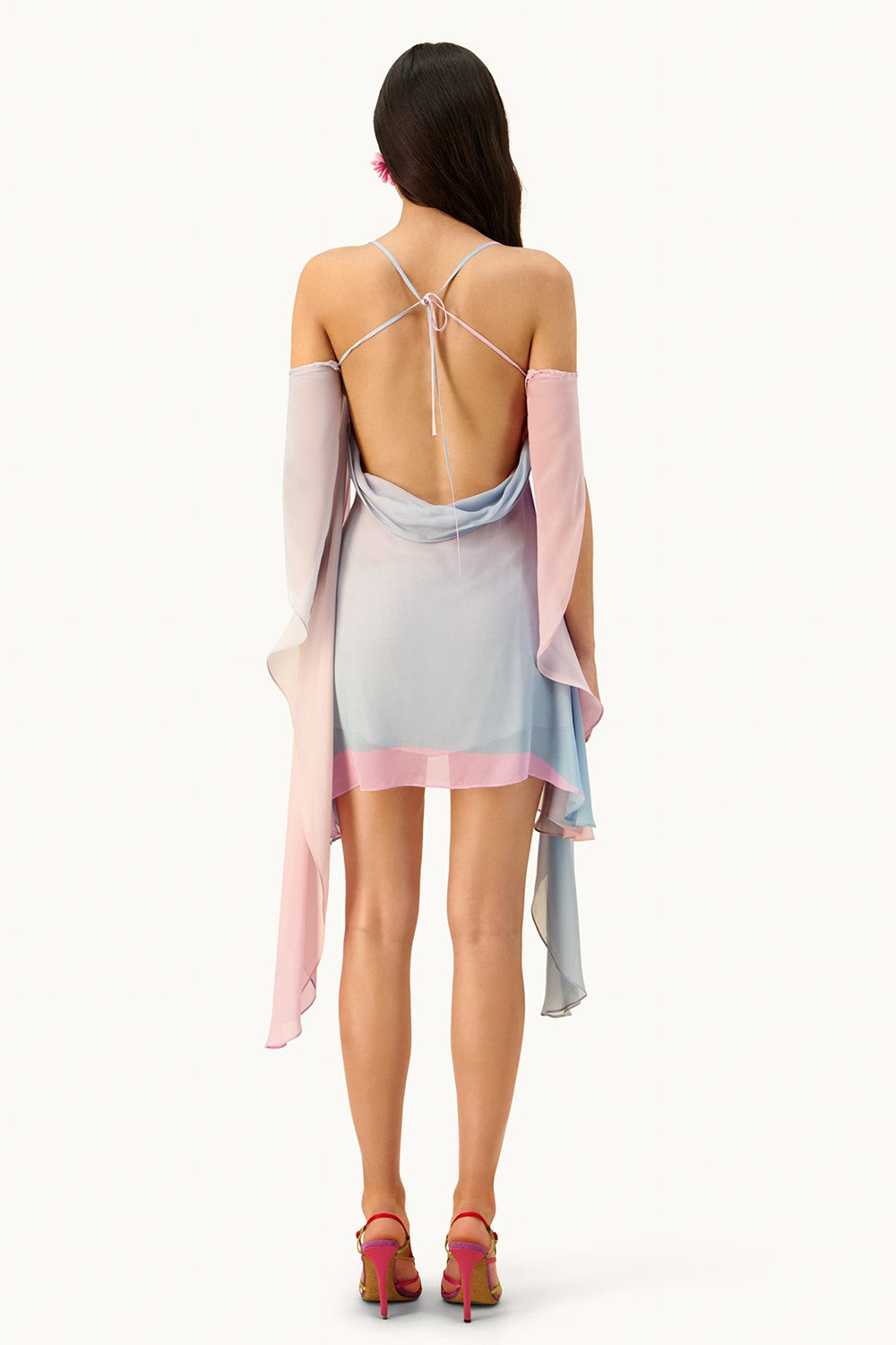 Gradient Color Slit Draped Sleeve Slip Mini Dresses-Pink [Pre Order]