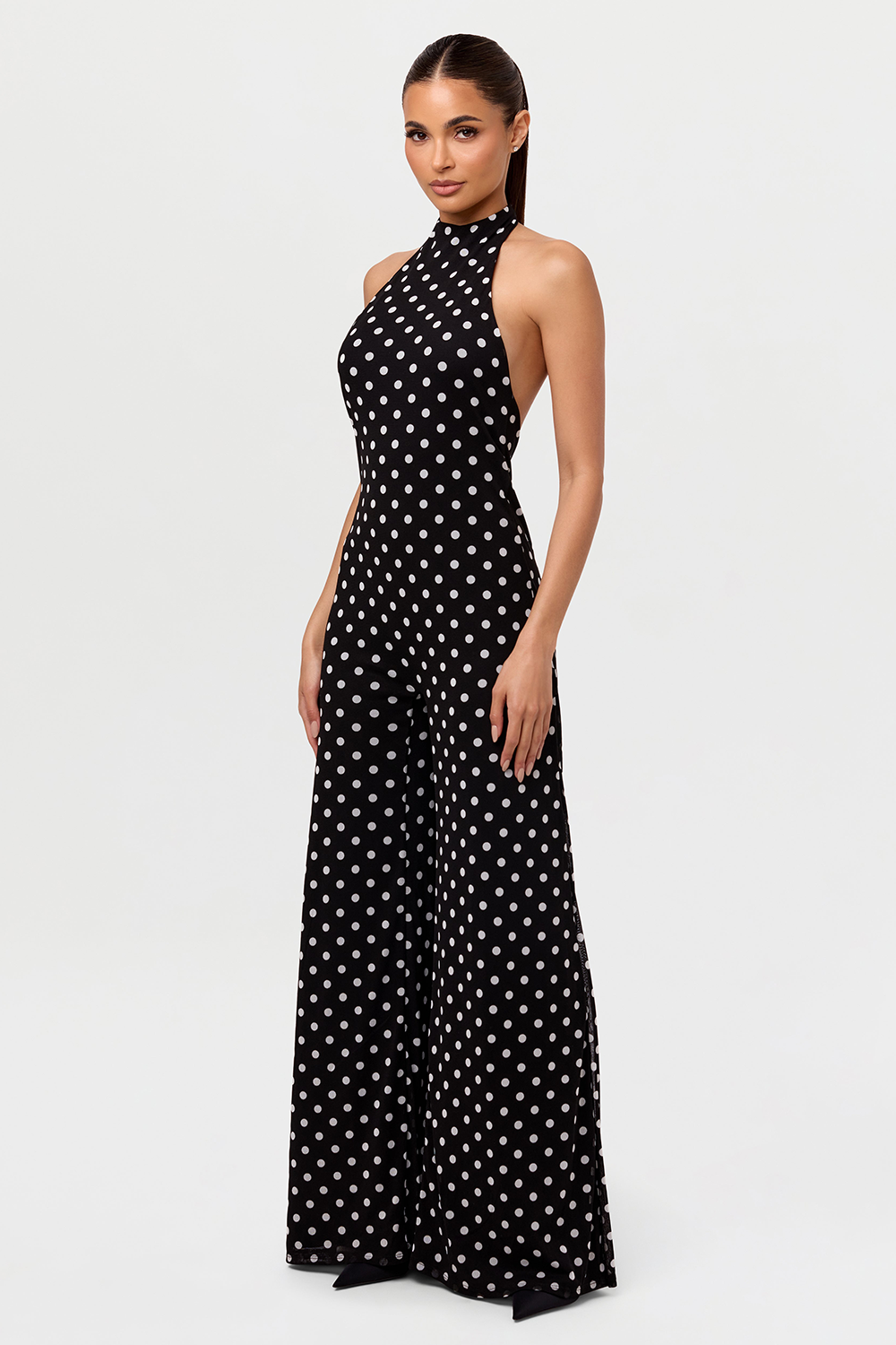 Polka Dot Print Halter Open Back Wide Leg Chiffon Jumpsuit-Black [Pre Order]
