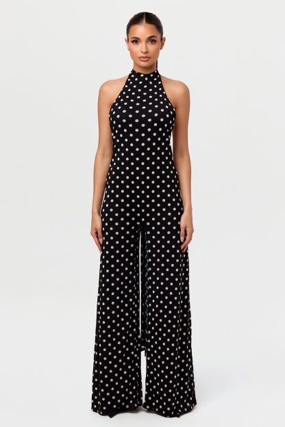 Polka Dot Print Halter Open Back Wide Leg Chiffon Jumpsuit-Black [Pre Order]