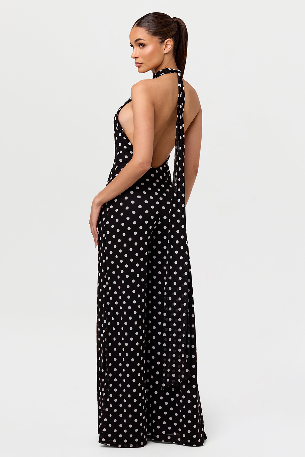 Polka Dot Print Halter Open Back Wide Leg Chiffon Jumpsuit-Black [Pre Order]